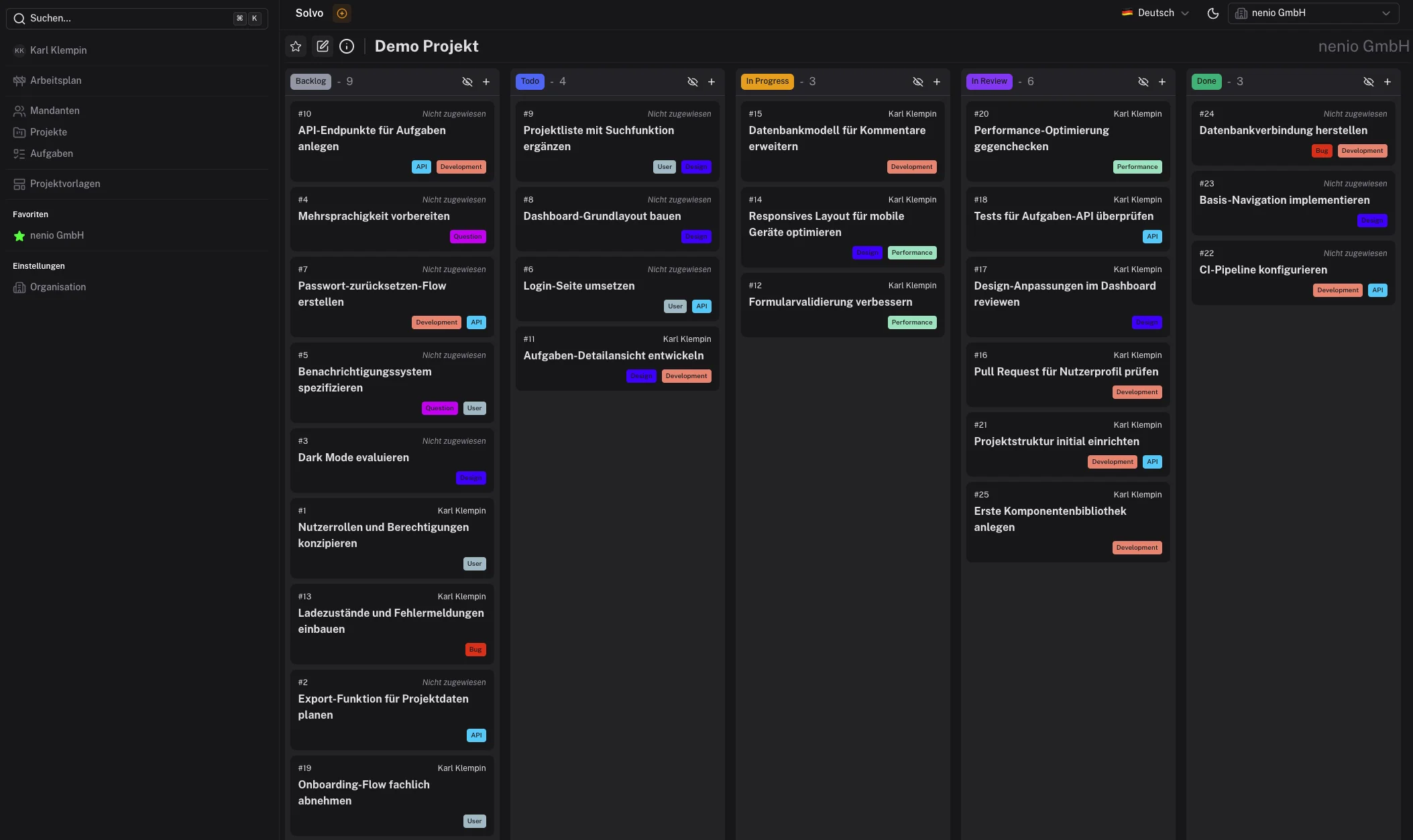 Beispielansicht des Solvo Kanban Boards